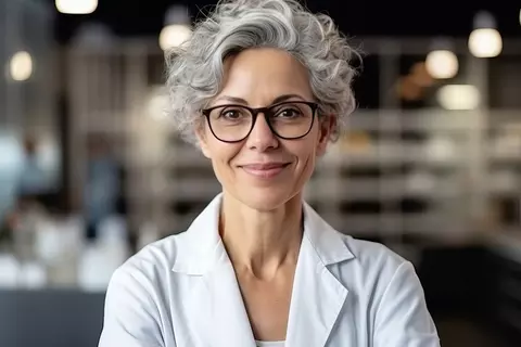 Eine Frau mit Brille mit weißem Laborkittel